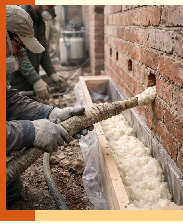 Заливка ППУ в пустоты кирпичной стены в Лобне