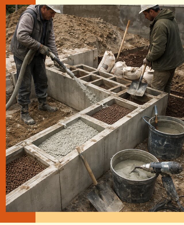 Заполнение полостей фундамента в Лобне герметичным утеплением и повышением прочности